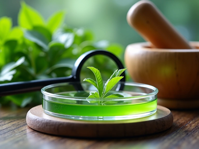 A close-up image showing a petri dish with a plant extract, a magnifying glass, and a mortar and pestle, symbolizing the blend of traditional knowledge and modern scientific research in natural product development.