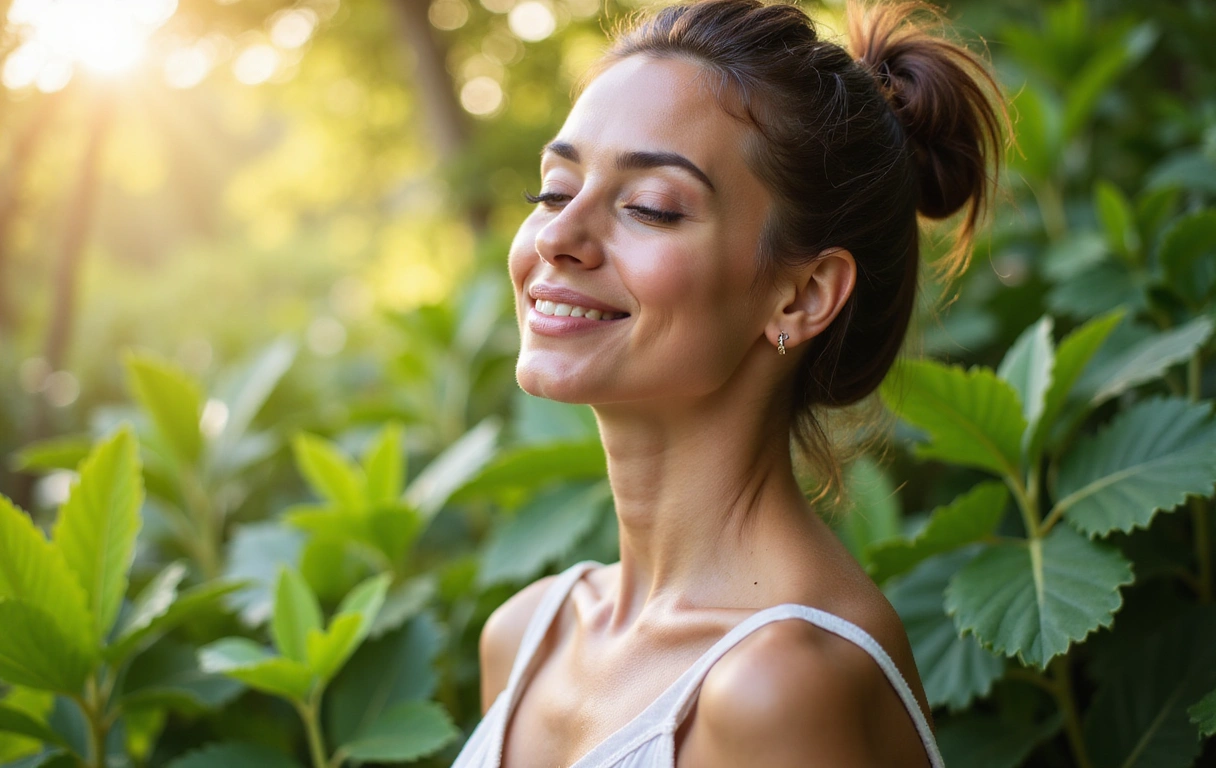 A serene woman enjoying nature, symbolizing natural wellness and beauty.