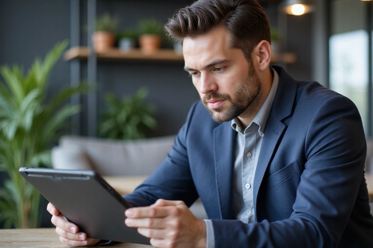 Person reading terms and conditions on a tablet, looking serious and focused, with a blurred background of a modern office.